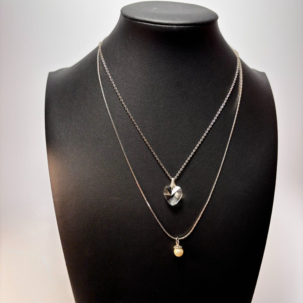 Necklace Lot Silver Tone Heart Glass and Faux Pearl Pendants‎ Set